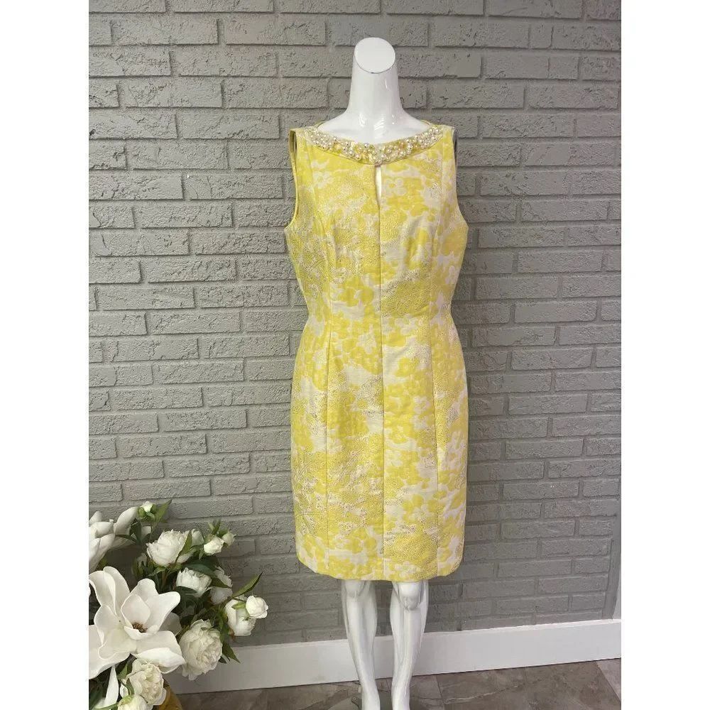 Tahari Arthur S. Levine Yellow & Gold Faux Pearl Sequin Dress Size 8